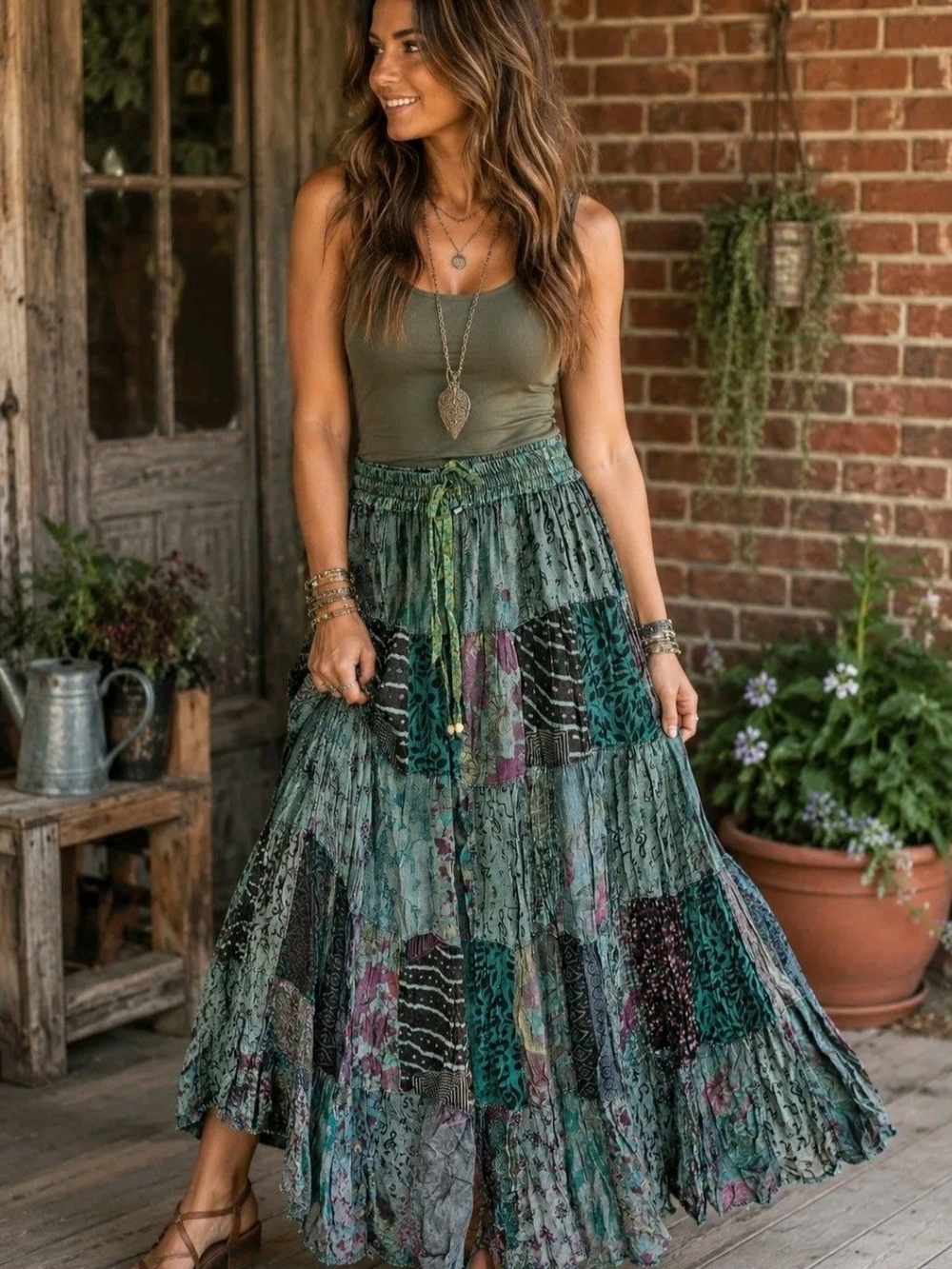 Young Threads Size Small Boho Patchwork Maxi Skirt in Teal Green
